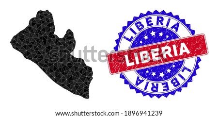 Liberia map polygonal mesh with filled triangles, and grunge bicolor stamp imitation. Triangle mosaic Liberia map with mesh vector model, triangles have different sizes, and positions,