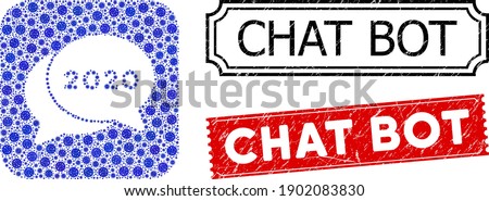 Vector collage 2020 chat messages and grunge Chat Bot seals. Mosaic 2020 chat messages created as carved shape from rounded square with blue bacterium elements.