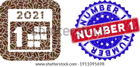 Vector collage 2021 first day and grunge bicolor Number 1 seal stamp. Mosaic 2021 first day created as carved shape from rounded square with coffee seeds.