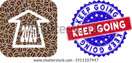 Vector mosaic 2020 ahead arrow and grunge bicolor Keep Going seal stamp. Mosaic 2020 ahead arrow constructed as hole from rounded square with coffee beans.