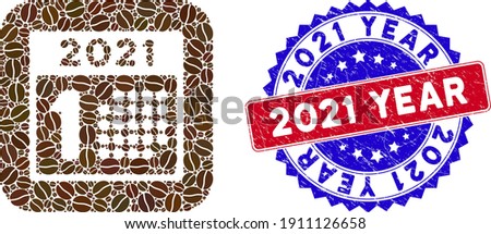Vector mosaic 2021 year first day and grunge bicolor 2021 Year stamp. Mosaic 2021 year first day constructed as stencil from rounded square with coffee grain.