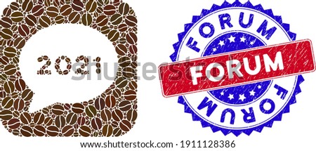 Vector collage 2021 forum message and grunge bicolor Forum seal. Mosaic 2021 forum message created as stencil from rounded square with cocoa seeds.
