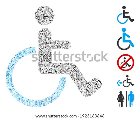 Line Mosaic based on disabled person icon. Mosaic vector disabled person is formed with randomized line elements. Bonus icons are added.