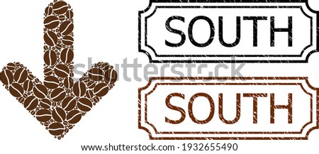 Mosaic arrow down composed of coffee seeds, and grunge South rectangle seals with notches. Vector coffee items are arranged into abstract illustration arrow down icon with brown color.