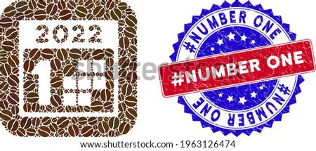 Vector mosaic 2022 first day and grunge bicolor hashtag Number One seal stamp. Mosaic 2022 first day designed as hole from rounded square with coffee beans.