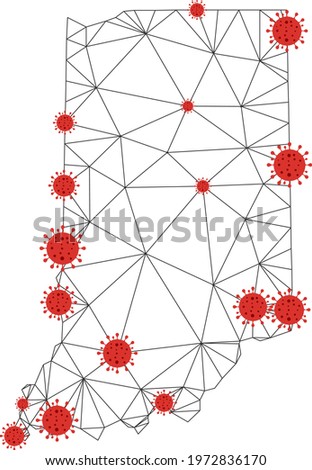 Polygonal mesh Indiana State map with coronavirus centers. Abstract mesh connected lines and flu viruses form Indiana State map. Vector wireframe flat polygonal network in black and red colors.
