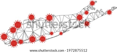 Polygonal mesh Long Island map with coronavirus centers. Abstract mesh connected lines and covid- 2019 viruses form Long Island map. Vector wireframe flat polygonal network in black and red colors.