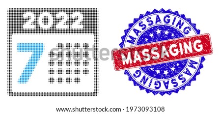 Dot halftone 2022 year 7th day icon, and Massaging textured stamp seal. Massaging stamp uses bicolor rosette template, red and blue colors.