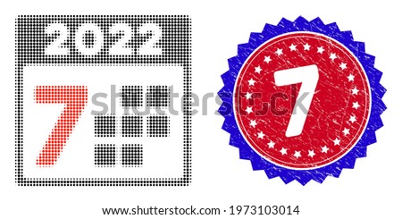 Pixel halftone 2022 year 7 days icon, and 7 unclean stamp. 7 stamp uses bicolor rosette template, red and blue colors. Vector pattern of 2022 year 7 days illustration formed of round pixels.