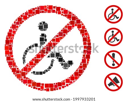 Mosaic No disabled persons icon organized from square items in variable sizes and color hues. Vector square items are grouped into abstract mosaic no disabled persons icon. Bonus icons are added.