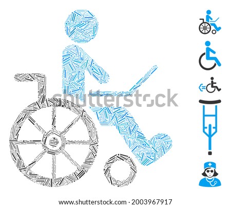 Line mosaic wheelchair icon constructed from straight items in different sizes and color hues. Vector line elements are grouped into abstract mosaic wheelchair icon. Bonus icons are placed.