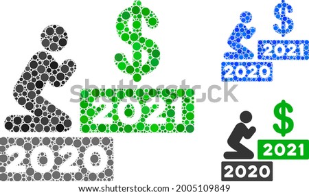 Mosaic man pray dollar 2021 icon composed of circle items in random sizes, positions and proportions. Blue and original versions of man pray dollar 2021 icon.