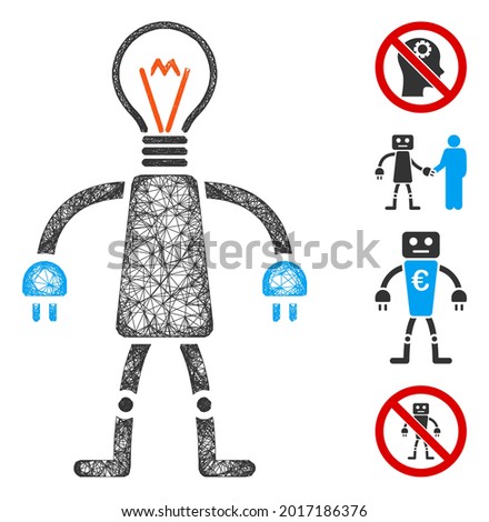 Mesh lamp head robot web icon vector illustration. Carcass model is based on lamp head robot flat icon. Network forms abstract lamp head robot flat model.