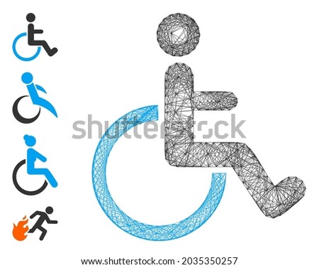 Vector wire frame disabled person. Geometric wire frame 2D net based on disabled person icon, designed from crossed lines. Some bonus icons are added.