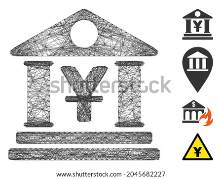 Vector wire frame yen bank building. Geometric hatched frame 2D net made from yen bank building icon, designed from crossed lines. Some bonus icons are added.