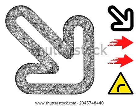 Vector network right-down arrow. Geometric wire frame flat network made from right-down arrow icon, designed from crossed lines. Some bonus icons are added.