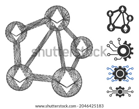 Vector wire frame Ethereum network. Geometric wire frame 2D network based on Ethereum network icon, designed with intersected lines. Some other icons are added.