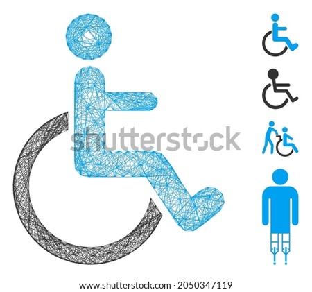 Vector wire frame disabled person. Geometric wire frame flat network based on disabled person icon, designed with crossed lines. Some additional icons are added.