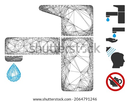 Vector wire frame kitchen tap. Geometric wire frame 2D network made from kitchen tap icon, designed from crossing lines. Some bonus icons are added.