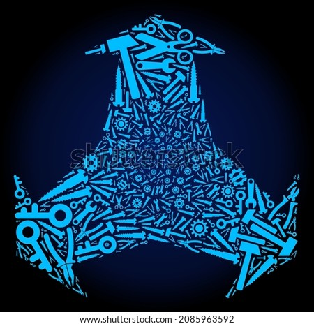 Repair service three directions mosaic of service tools on a dark blue gradient background. Vector three directions is organized of blue cogwheels, wrenches, and other tools,