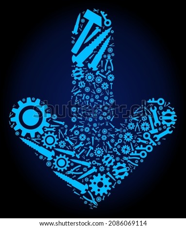 Repair workshop arrow down mosaic of service tools on a dark blue gradient background. Vector arrow down is constructed of blue gears, wrenches, and other tools, and based on arrow down icon.
