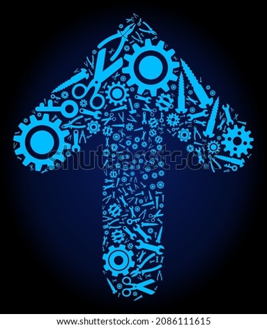 Repair service arrow up mosaic of service tools on a dark blue gradient background. Vector arrow up is designed of blue gear wheels, wrenches, and other instruments, and based on arrow up icon.