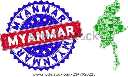 Vector collage of wine Myanmar map with grunge bicolor Myanmar seal stamp. Red and blue bicolored seal with unclean texture and Myanmar caption. Myanmar map collage created with wine glasses,