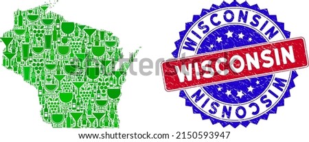 Vector collage of wine Wisconsin State map and grunge bicolor Wisconsin seal. Red and blue bicolored seal with grunge texture and Wisconsin text.