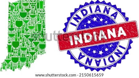 Vector combination of wine Indiana State map with grunge bicolor Indiana seal. Red and blue bicolored seal with unclean style and Indiana caption. Indiana State map collage is designed with wine cups,