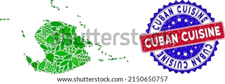 Eco Juventud Island map composition of floral leaves in green color tints and grunge bicolor Cuban Cuisine stamp. Red and blue bicolored stamp with grunge texture and Cuban Cuisine caption.