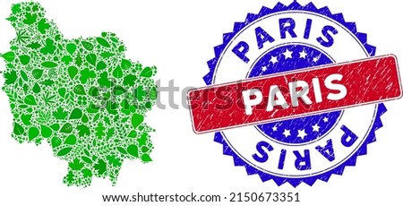 Ecology Burgundy Province map collage of floral leaves in green color tints with grunge bicolor Paris seal. Red and blue bicolored badge with grunge style and Paris phrase. Stock fotó © 