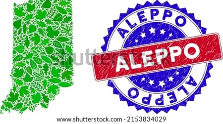 Ecology Indiana State map collage of floral leaves in green color tints and grunge bicolor Aleppo seal. Red and blue bicolored seal with scratched style and Aleppo word.