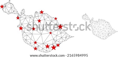 Polygonal mesh Heard and McDonald Islands map with red star centers. Abstract mesh connected lines and stars form Heard and McDonald Islands map.