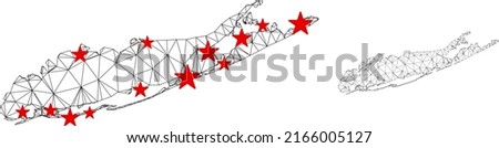 Polygonal mesh Long Island map with red star centers. Abstract network connected lines and stars form Long Island map. Vector wire frame 2D polygonal network in black and red colors.