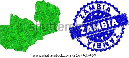 Blue rosette textured stamp seal and lowpoly Zambia map mosaic in green colors. Triangulated Zambia map polygonal icon illustration, and unclean blue stamp seal.