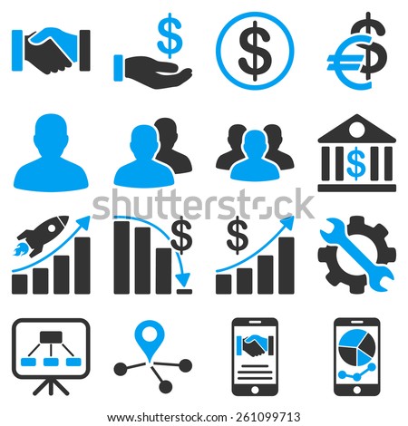 Business and financial symbols. These commercial icons use modern corporate light blue and gray colors. White color is not used inside pictograms.