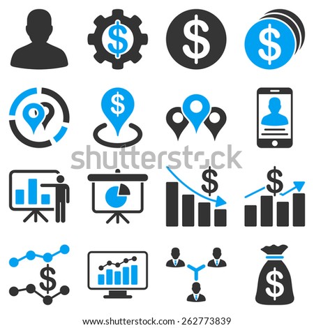 Banking business and charts icons. These symbols use modern corporate light blue and gray colors.