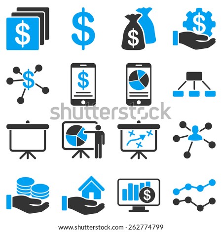 Bank service and business icons. These icon set uses modern corporate light blue and gray colors.
