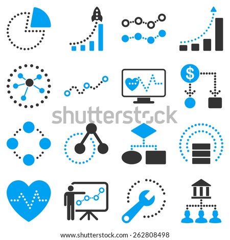 Dotted vector infographic business icons. This bicolor vector icon set uses modern corporate light blue and dark grey color scheme.
