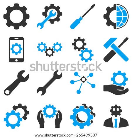 Options and tools icon set. These bicolor icons use modern corporate light blue and gray colors, white color is not used in the symbols.