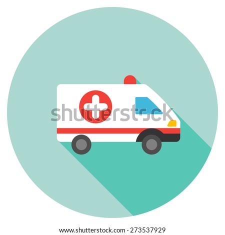 Ambulance car icon. Flat round button with long shadow.