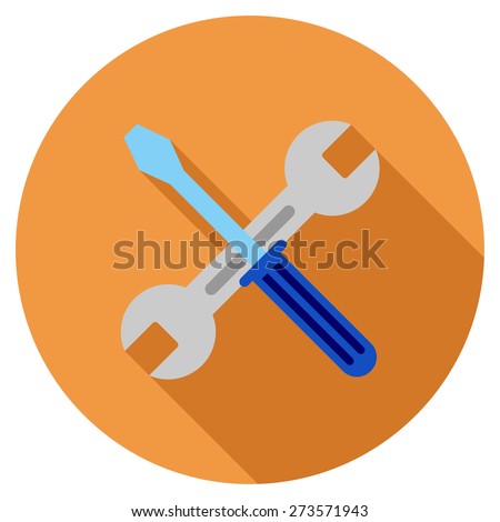 Wrench and screwdriver icon. Flat round button with long shadow.