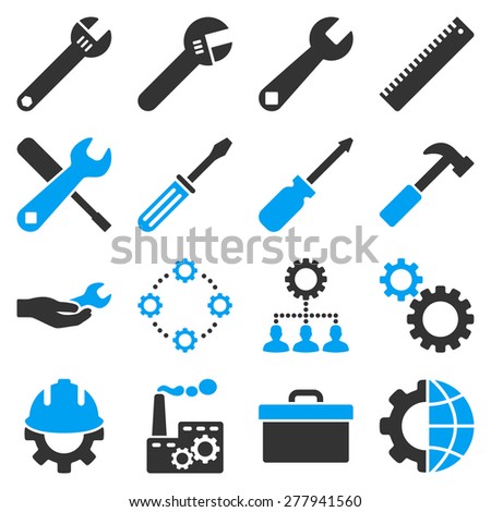 Instruments and tools icon set. These bicolor icons use modern corporate light blue and gray colors, white color is not used in the symbols.
