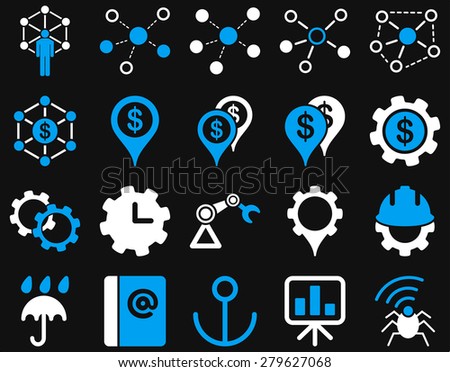 Business links and industry icon set. These flat bicolor symbols use  light blue and white colors. Vector images are isolated on a black background. Angles are rounded.