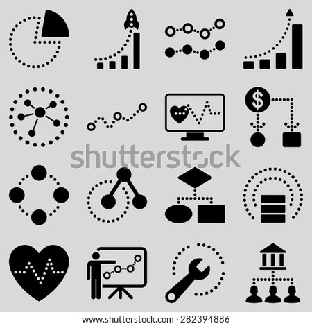 Dotted vector infographic business icons. This vector icon set uses black color and light gray background.