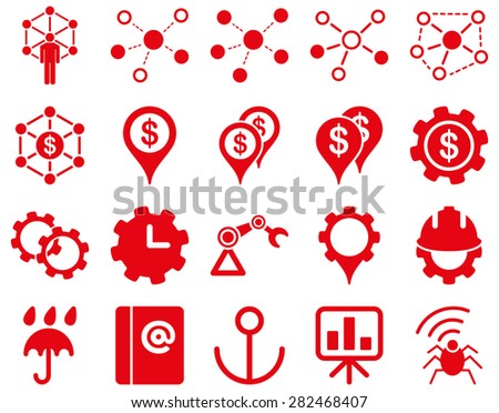 Business links and industry icon set. These flat symbols use red color. Vector images are isolated on a white background. Angles are rounded.