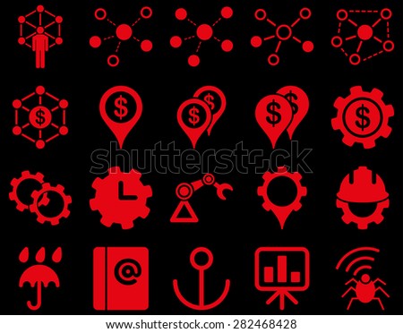 Business links and industry icon set. These flat symbols use red color. Vector images are isolated on a black background. Angles are rounded.