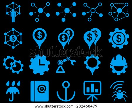 Business links and industry icon set. These flat symbols use blue color. Vector images are isolated on a black background. Angles are rounded.