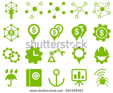 Business links and industry icon set. These flat symbols use eco green color. Vector images are isolated on a white background. Angles are rounded.