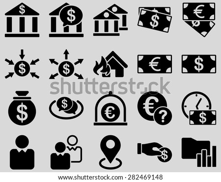 Bank service and trade business icon set. These flat symbols use black color. Vector images are isolated on a light gray background. Angles are rounded.